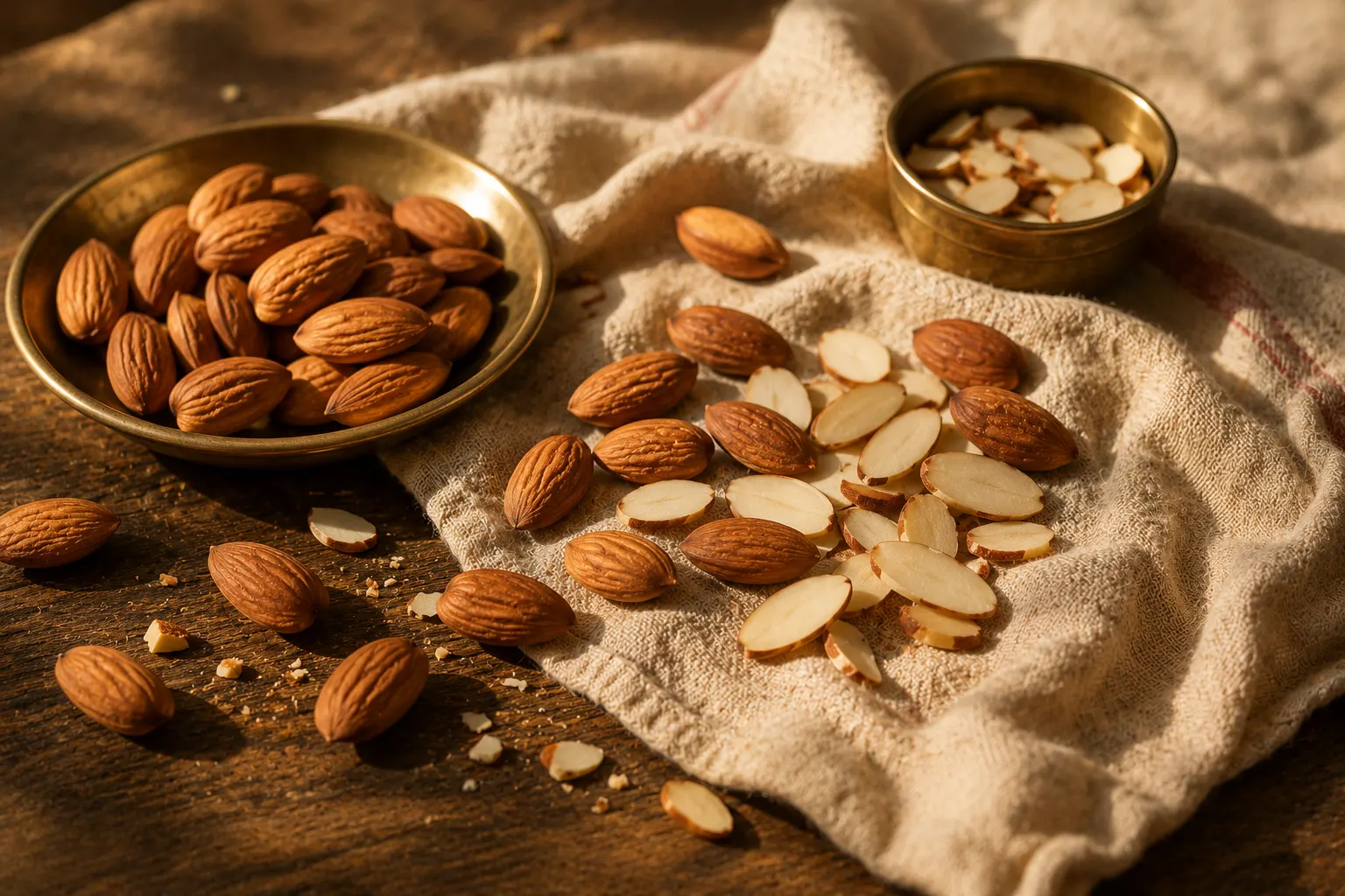 Whole and sliced almonds on linen cloth