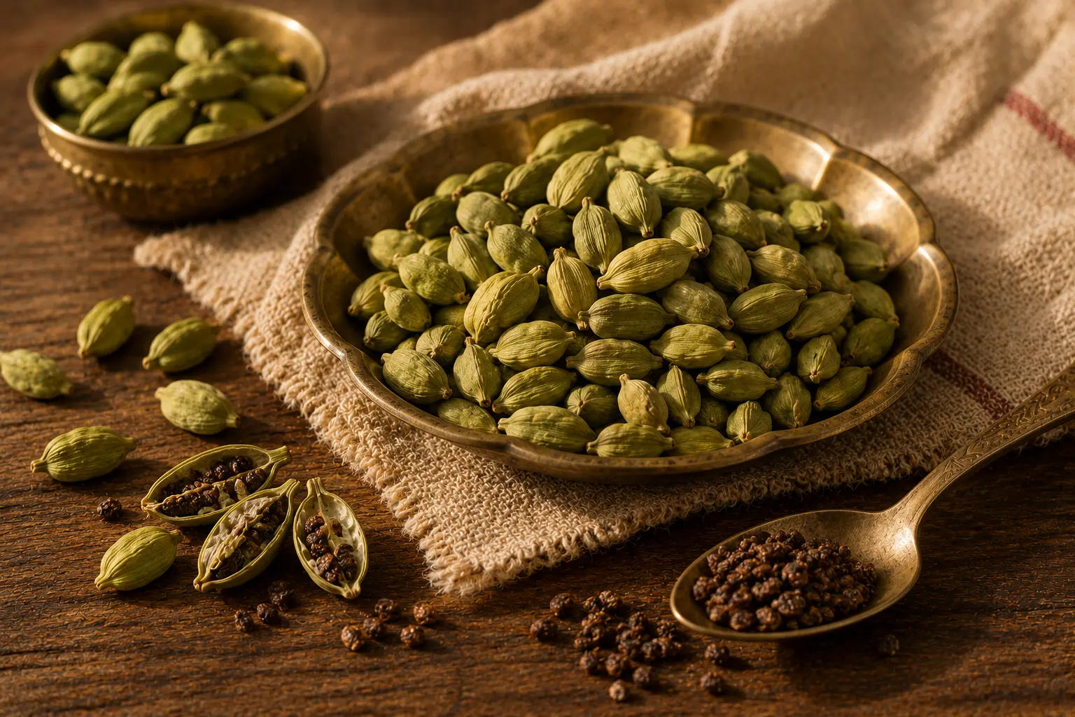 Fresh green cardamom pods, some opened with seeds visible