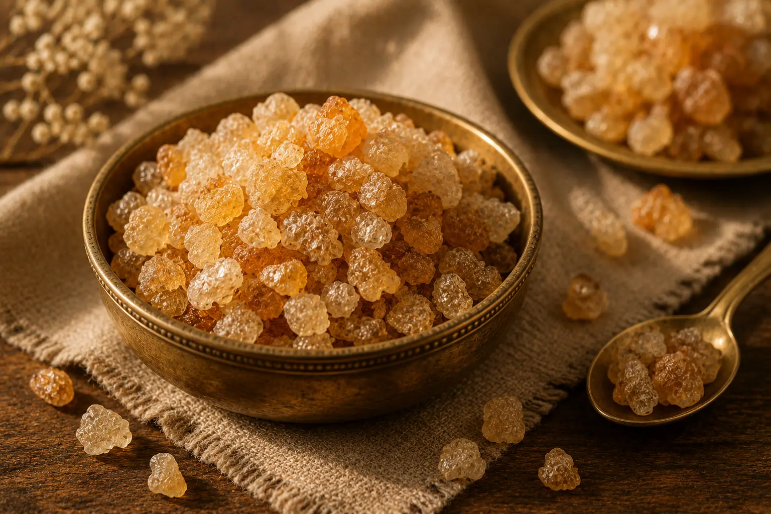 Gond edible gum crystals in a brass bowl