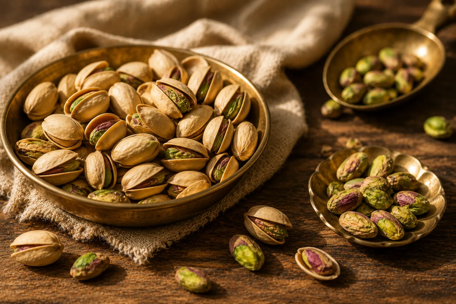 Pistachios with open shells and green kernels