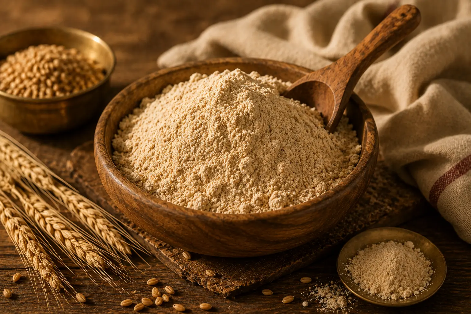 Freshly roasted whole wheat flour in a wooden bowl