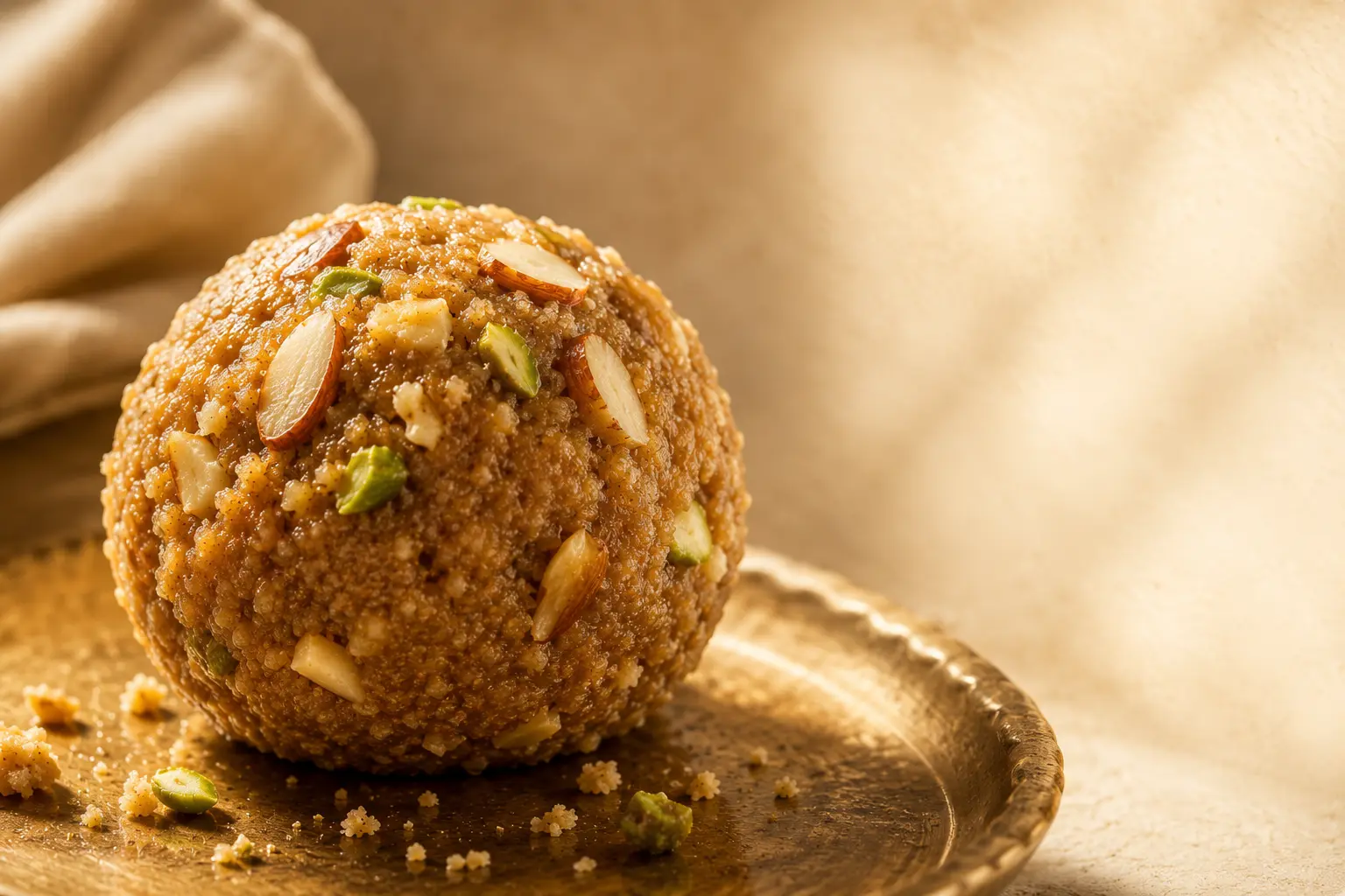 Close-up of Panjari Ladoo showing ghee shine, almonds and pistachios